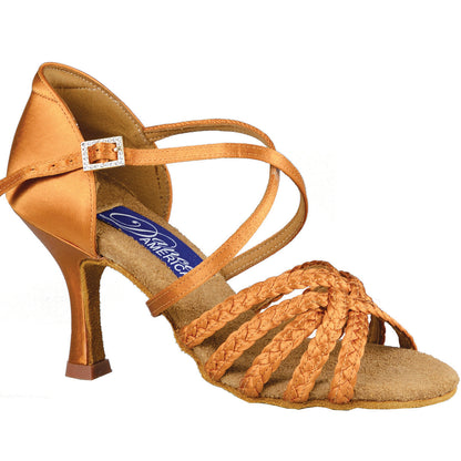 Miami  Expertly crafted for dancers, Miami ballroom dance shoes feature stylish braided straps that not only add flair but also provide optimal stretching for a comfortable fit. Perfect for those long nights on the dance floor. Comfort Fit 3" flare heel tan satin