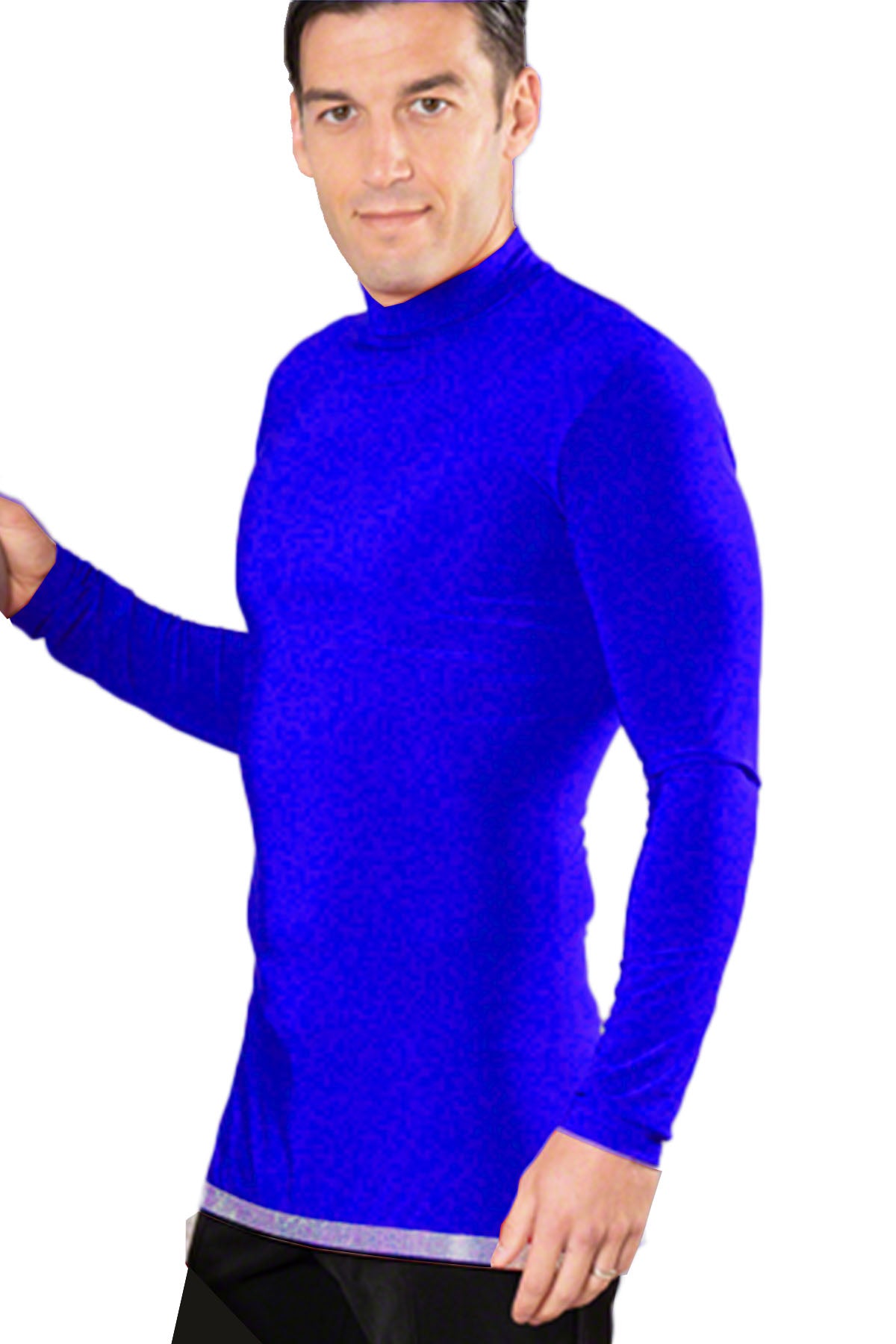 Upgrade your wardrobe with the MS6AR Simple Turtleneck Shirt. Featuring a stylish turtleneck design and a rhinestone hem, this shirt adds a touch of elegance to any outfit. Stay comfortable and chic with this must-have piece. pictured in blue