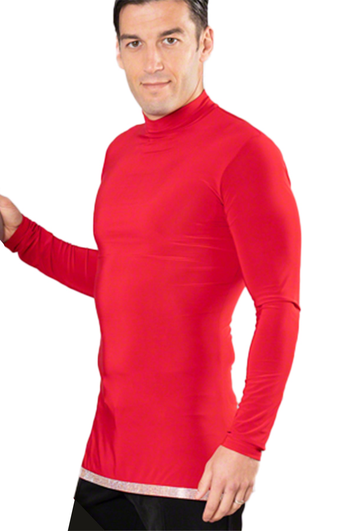 Upgrade your wardrobe with the MS6AR Simple Turtleneck Shirt. Featuring a stylish turtleneck design and a rhinestone hem, this shirt adds a touch of elegance to any outfit. Stay comfortable and chic with this must-have piece. pictured in red