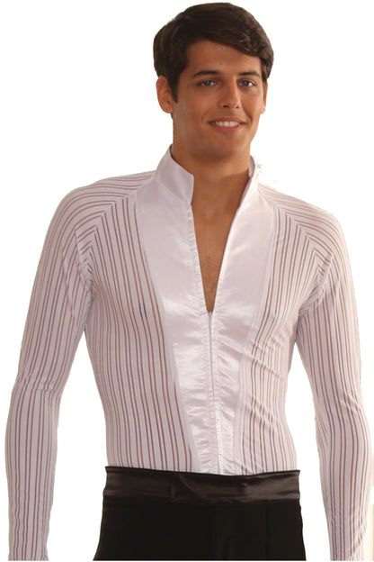 Elevate your wardrobe with our MS7 Mandarin Collared Shirt w/Trunks. Made of high-quality fabric, this shirt boasts a unique mandarin collar design and attached trunks for a secure fit. Choose from 3 novelty fabrics for a modern and functional twist on a classic look. Comfort and style guaranteed. pictured in white stripe