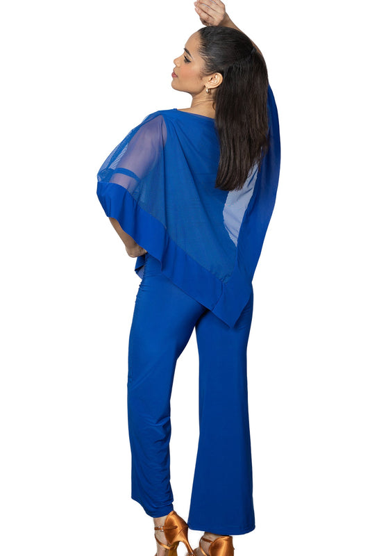 Side view of Dance America P2401 blue yoga pants with flared leg design