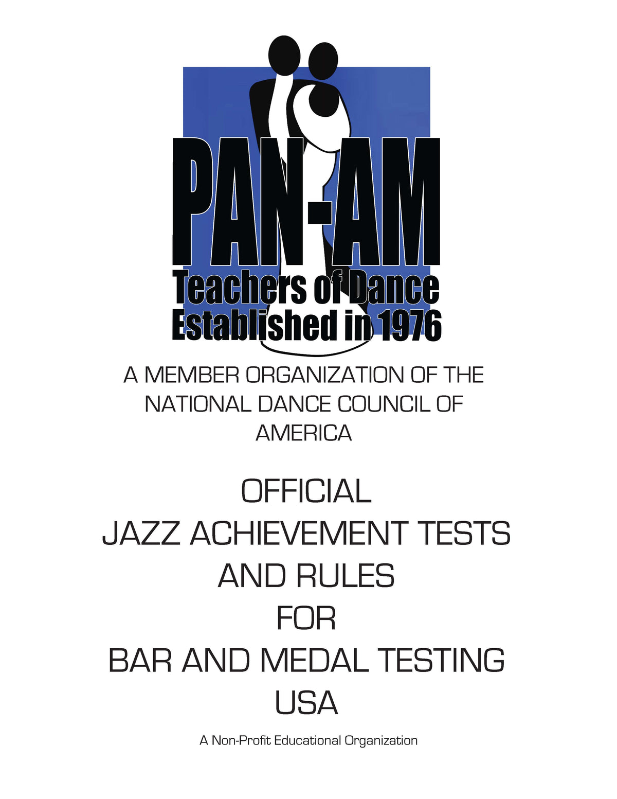 A white document cover featuring the PAN-AM Teachers of Dance logo at the top and black text reading 'Official Jazz Achievement Tests and Rules for Bar and Medal Testing USA' with a small line of text below.