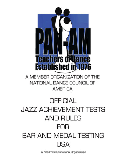 A white document cover featuring the PAN-AM Teachers of Dance logo at the top and black text reading 'Official Jazz Achievement Tests and Rules for Bar and Medal Testing USA' with a small line of text below.