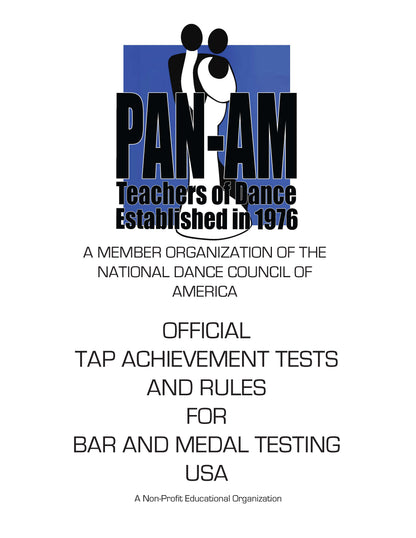 A white cover page for a publication titled 'PAN-AM Teachers of Dance Established in 1976' with black text and a blue-and-black logo at the top, plus the subtitle 'Official Tap Achievement Tests and Rules for Bar and Medal Testing USA.'.