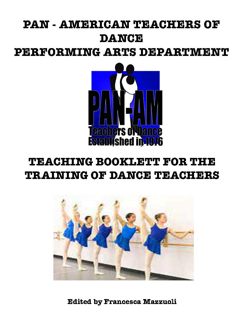 Front cover of a booklet titled 'PAN - American Teachers of Performing Arts Department' with the PAN-AM logo and the subtitle 'Teaching Booklett for the Training of Dance Teachers.' A small photo of five young dancers in blue leotards appears near the bottom.