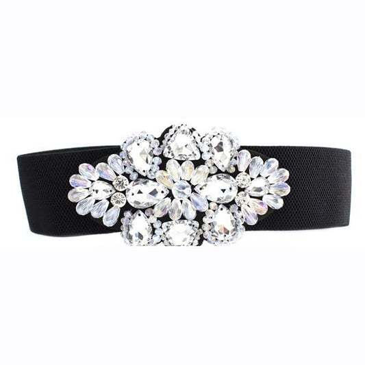 This black elastic belt with large crystal rhinestone accent is the perfect addition to your Dance America Attire ensemble. With a flexible fit of 25" - 36", it provides both style and comfort. Elevate your look with this stunning accessory.