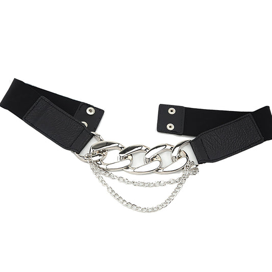 This B005 - CHAIN BELT is designed to perfectly accent your Dance America Attire ensemble. With a 3 link belt and small chain accent drape, it offers a unique and stylish addition to your outfit. The elastic belt also provides a comfortable fit, ranging from 26"-38". Elevate your look with this versatile accessory.