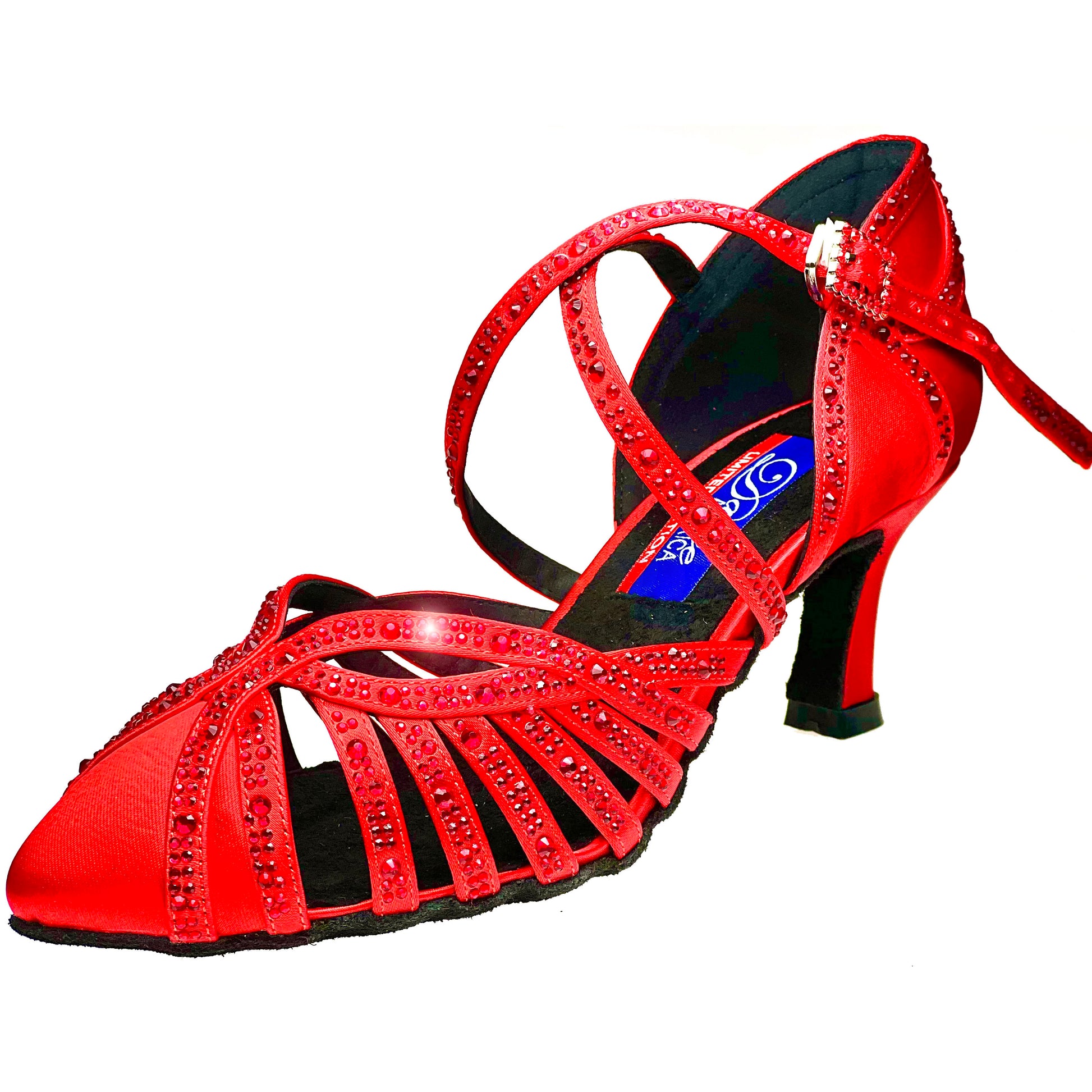 The Hollywood Red Satin with Red Rhinestones is the ultimate combination of comfort and luxury. With a slightly rounder front and flexible straps, you'll experience maximum comfort. The 2.25" flare heel adds elegance to any occasion, allowing you to walk with confidence and grace.