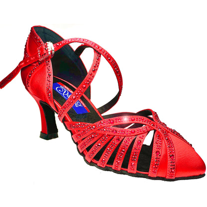 The Hollywood Red Satin with Red Rhinestones is the ultimate combination of comfort and luxury. With a slightly rounder front and flexible straps, you'll experience maximum comfort. The 2.25" flare heel adds elegance to any occasion, allowing you to walk with confidence and grace.