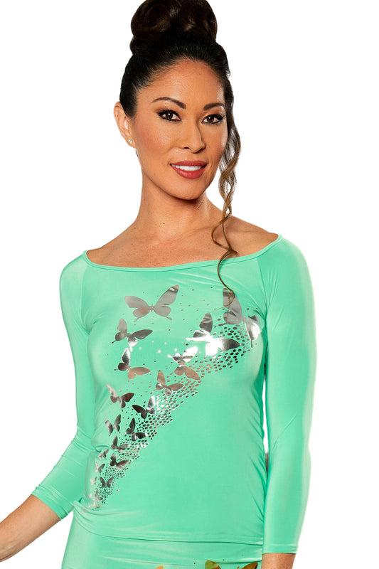 Make a statement with our T201 Simple T-Shirt Top adorned with delicate silver butterflies in intricate silver foil detailing. Elevate your everyday look with a touch of elegance and stand out from the crowd. Get ready to make heads turn and embrace your unique style with effortless charm. green