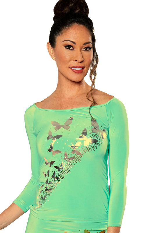 green t shirt top with gold foil butterflies