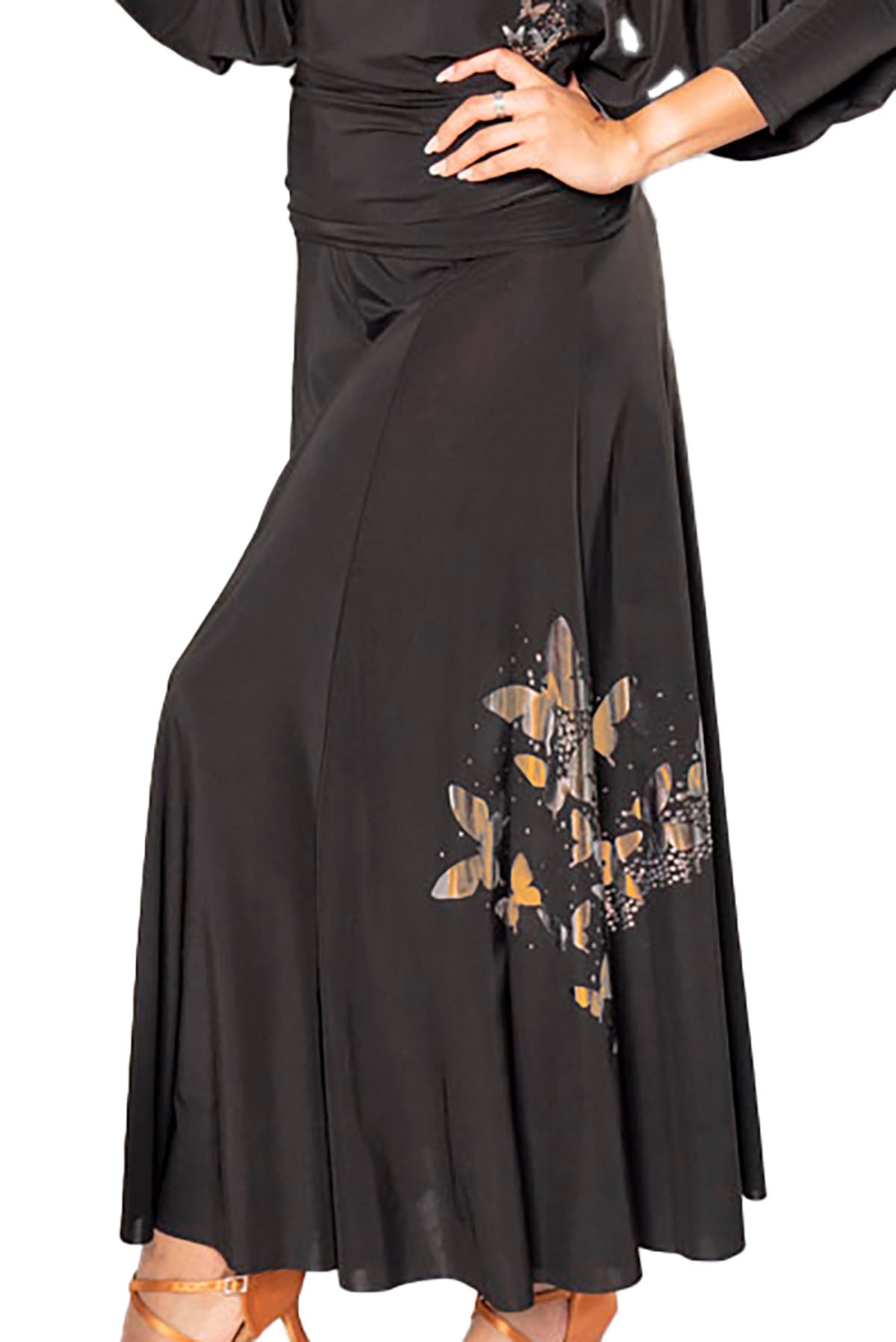 Feel graceful and elegant in our S205 8 Panel Simple Skirt with gold butterfly decals. This long dance skirt features 8 panels for a beautiful flow and movement, perfect for dancers of all levels. black