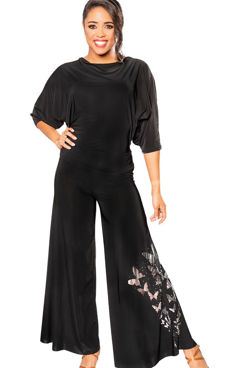 Let your inner butterfly take flight in our P203 SB Palazzo Pants! These flowy dance pants are adorned with elegant silver butterflies, adding a touch of whimsy to your style. Embrace comfort and movement while making a bold fashion statement.&nbsp; black