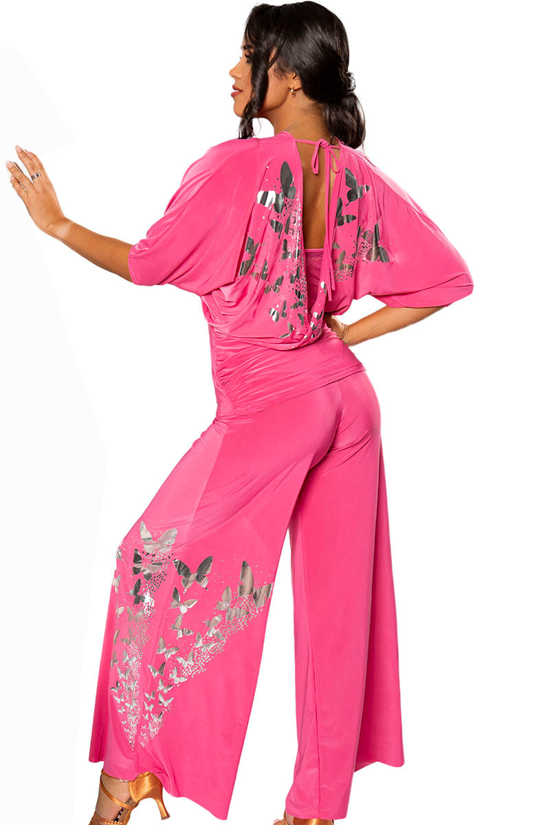 Let your inner butterfly take flight in our P203 SB Palazzo Pants! These flowy dance pants are adorned with elegant silver butterflies, adding a touch of whimsy to your style. Embrace comfort and movement while making a bold fashion statement. pink