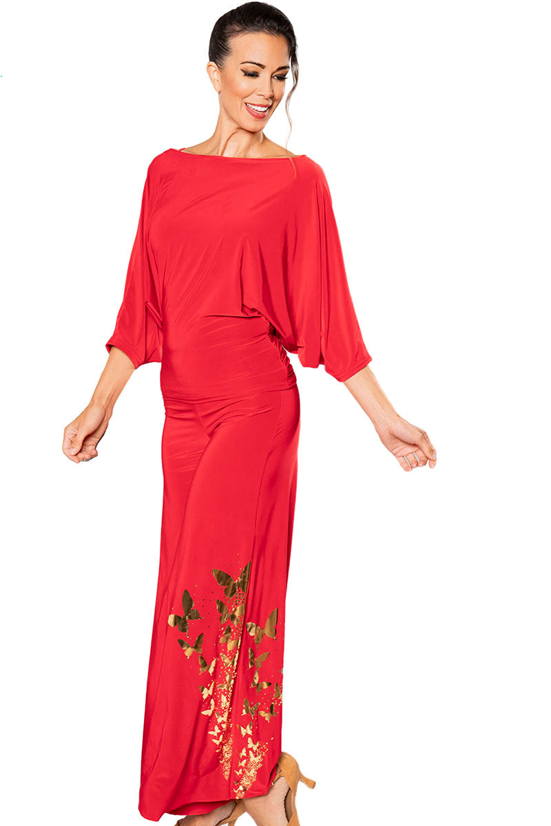 Let your inner butterfly take flight in our P203 GB Palazzo Pants! These flowy dance pants are adorned with elegant gold butterflies, adding a touch of whimsy to your style. Embrace comfort and movement while making a bold fashion statement red