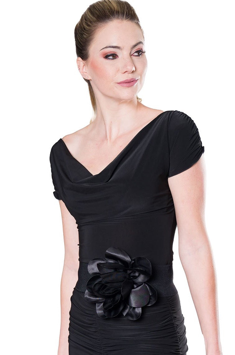 T2406 Cap Sleeved Top with Draped Yoke  Introducing our T2406 Cap Sleeved Top with Draped Yoke - a bestseller that exudes elegance and sophistication. Featuring a draped yoke and cap sleeves, this top is perfect for any occasion. Upgrade your ballroom wardrobe with this must-have piece that will effortlessly elevate your style. black