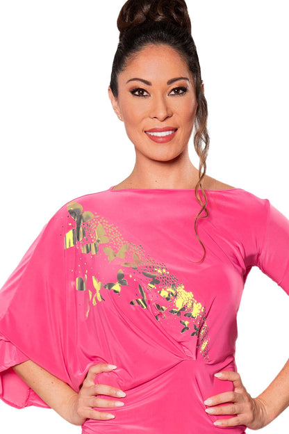 T208 Asymmetrical Bloused Top with Gold Butterfly - Dance America