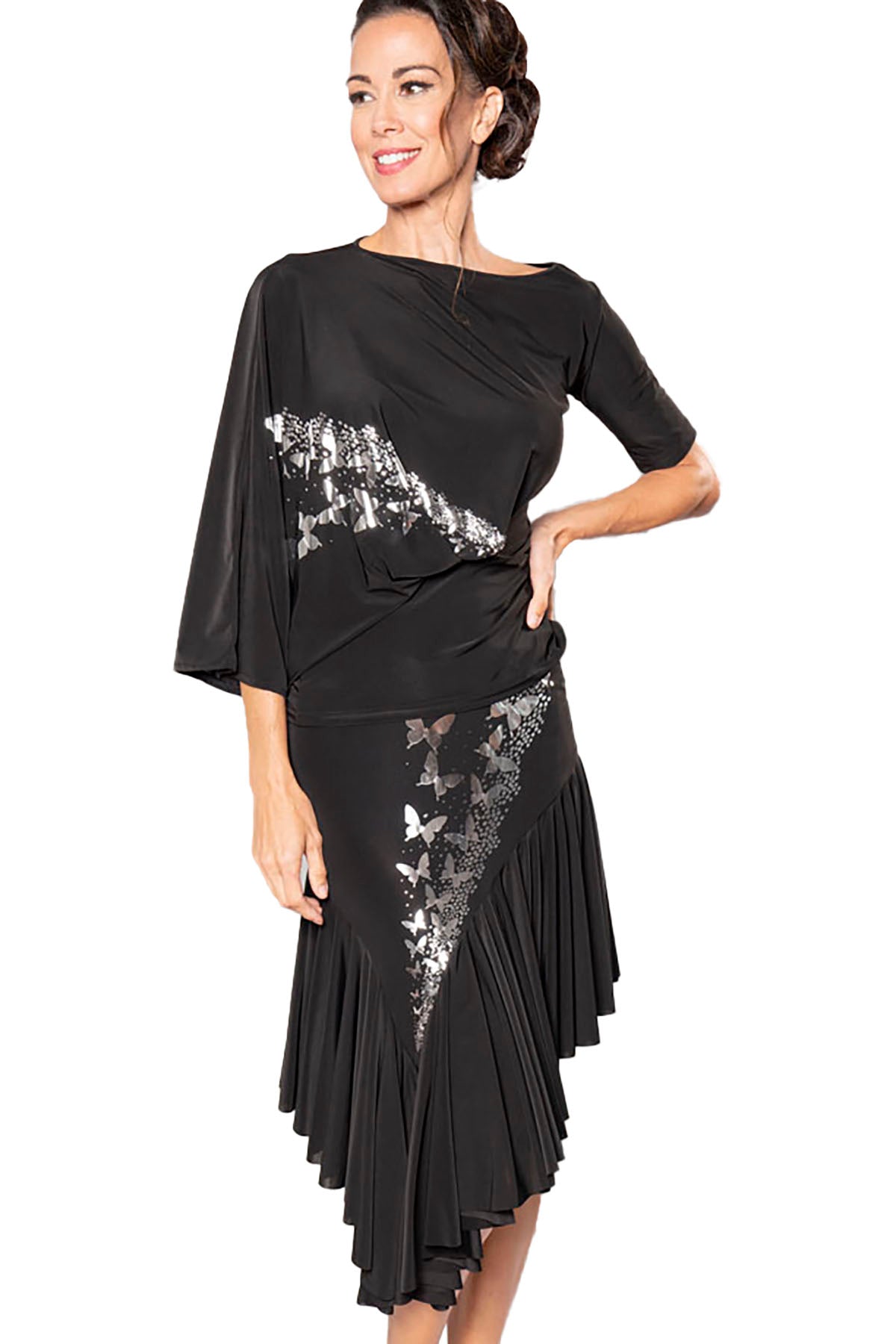 Feel like a dancing queen in our S204 SB Asymmetric Full Flounced Skirt featuring silver butterfly decals! With its bouncy design and flouncy angles, this skirt is perfect for any dance party or special occasion. You'll look and feel confident and elegant as you twirl around the room! black