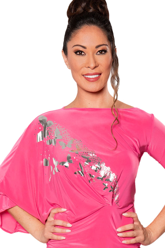 Experience comfort and style with our T208 Asymmetrical Bloused Top with silver butterfly decals! Perfect for dancing and everyday wear, this top boasts a unique asymmetric design that adds a touch of flair to any outfit. Made with soft, breathable fabric, it will keep you comfortable and looking your best all day long! pink