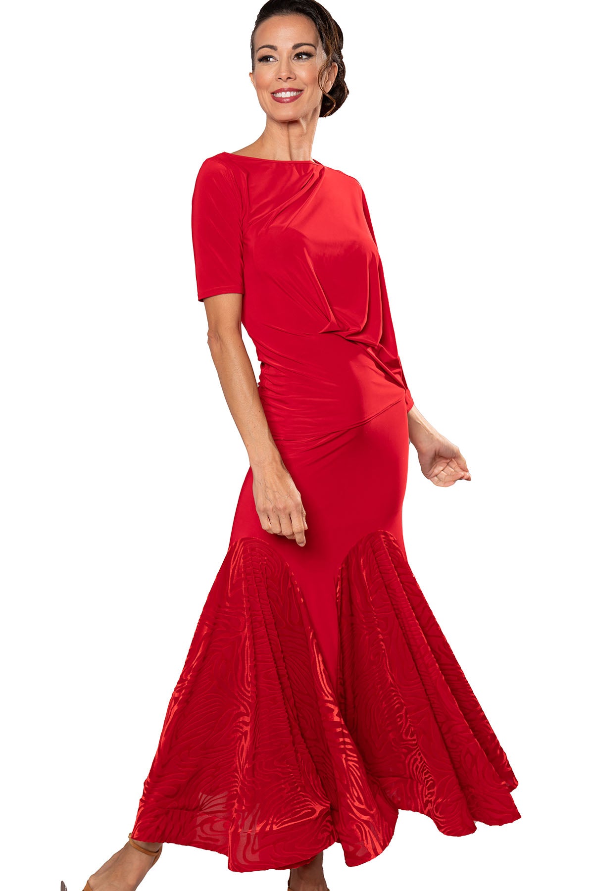 Get ready to steal the show with the S207 Long Velvet Godet Skirt! This unique dance skirt features a long velvet inset, creating a beautiful and flowy silhouette. Feel confident and stunning as you move across the dance floor in this must-have piece. red