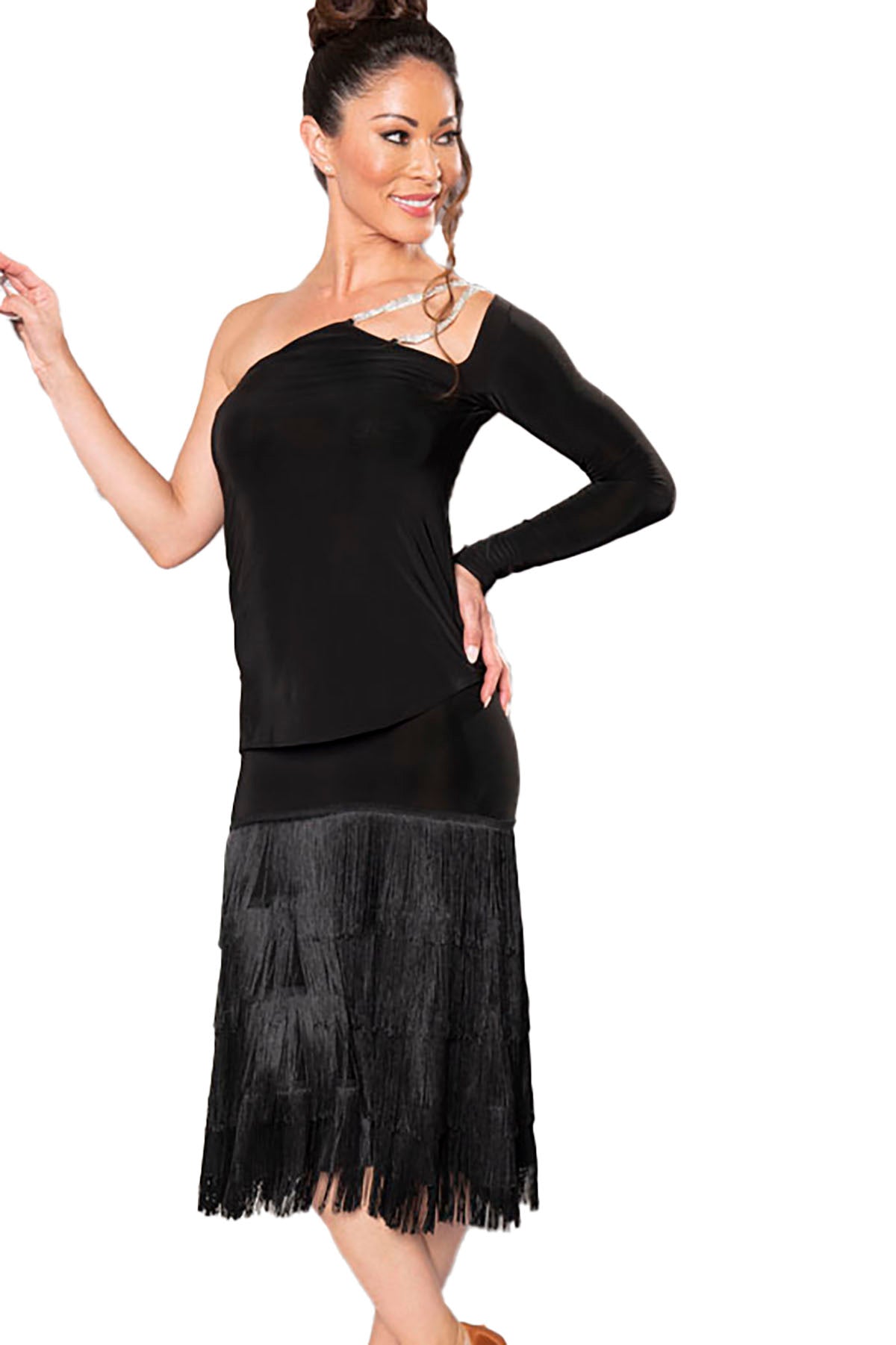 Get ready to make a statement on the dance floor with our S223 Long Fringe Skirt! Designed with layers of long, flowing fringe, this skirt adds an extra element of movement to your dance routine. black