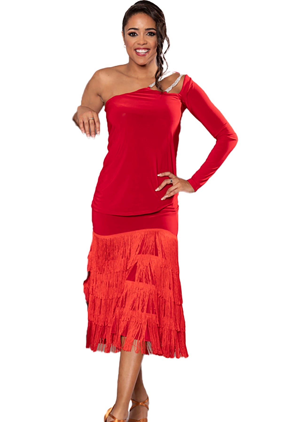 Get ready to make a statement on the dance floor with our S223 Long Fringe Skirt! Designed with layers of long, flowing fringe, this skirt adds an extra element of movement to your dance routine. red