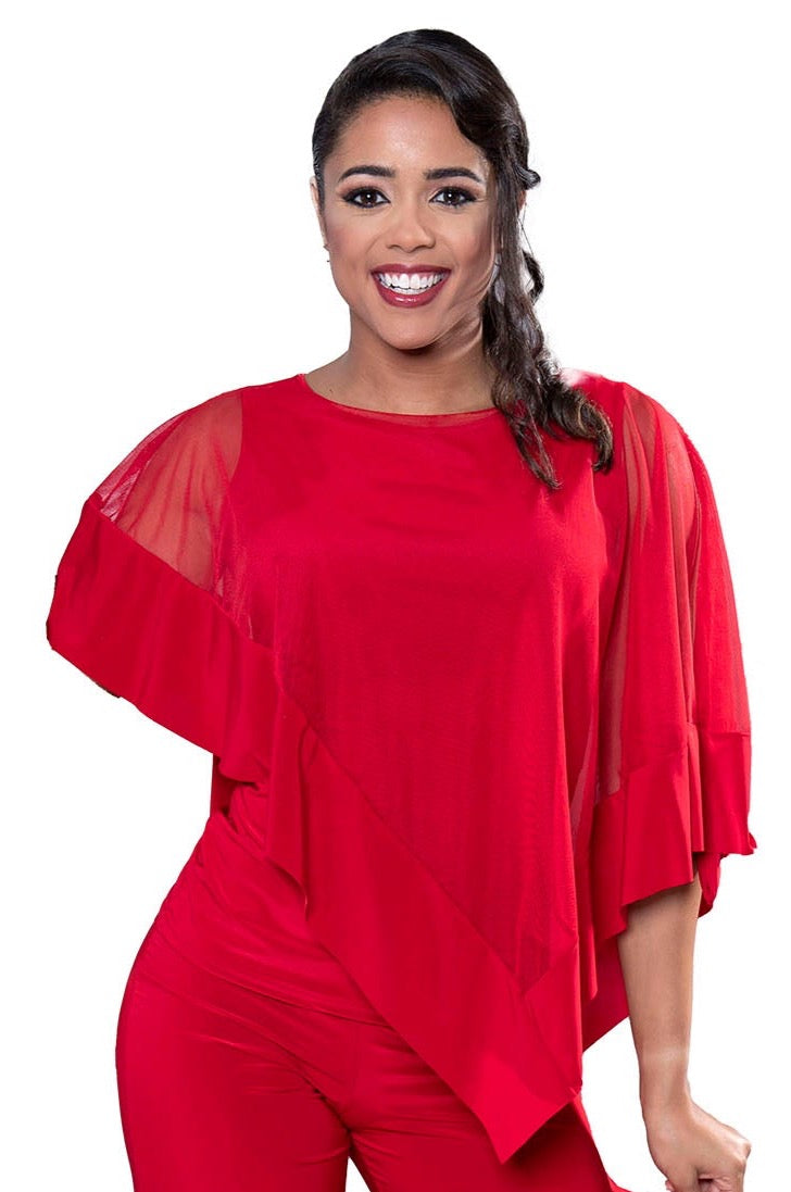 T2412 Diagonal Mesh Caplet Top  Introducing our T2412 Diagonal Mesh Caplet Top, the perfect combination of comfort and elegance. This asymmetric mesh over-layer cape top comes with a tank undershirt, making it not only stylish but also practical for ballroom dancing. Elevate your dance attire with this sophisticated and exclusive piece. red