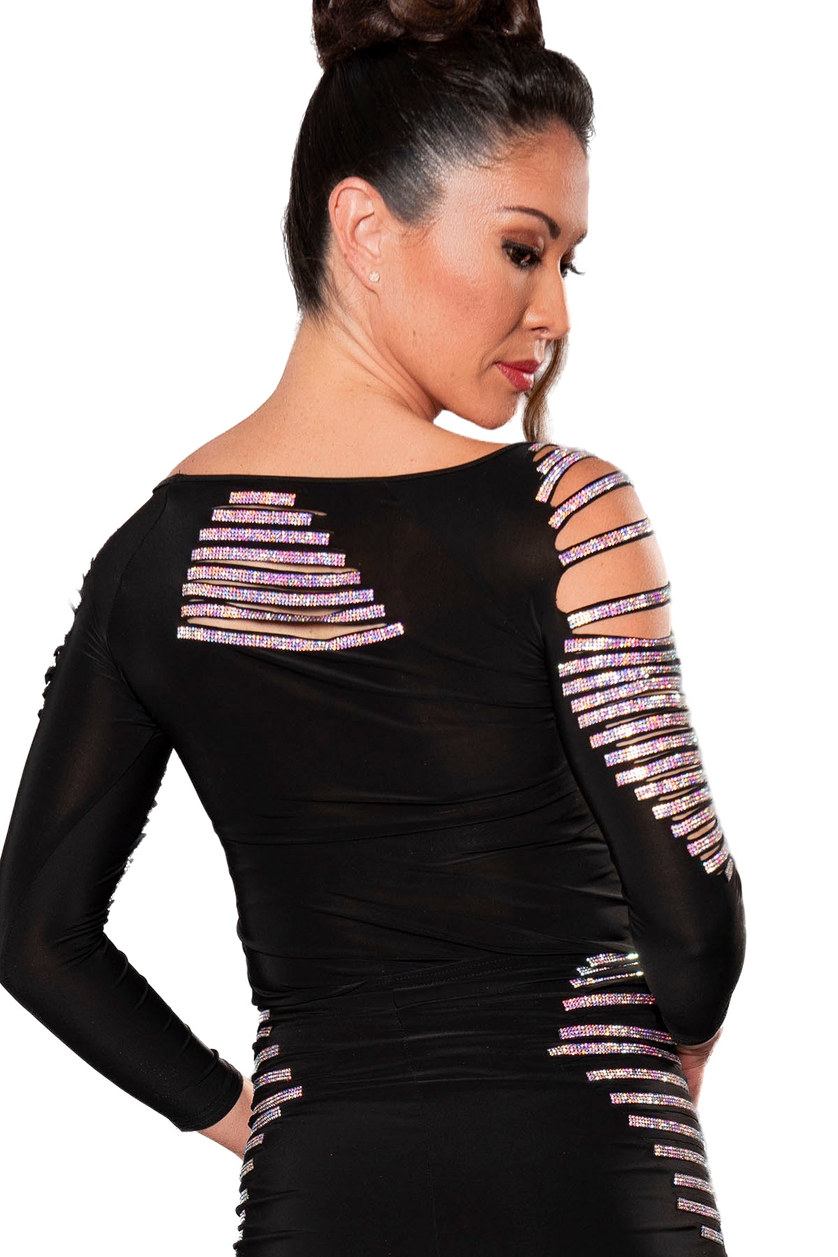 Shine bright on the dance floor with our T215 Horizontal Stoned Stripe Top. This sexy rhinestone cutout top will make you stand out and feel confident while you dance the night away. black