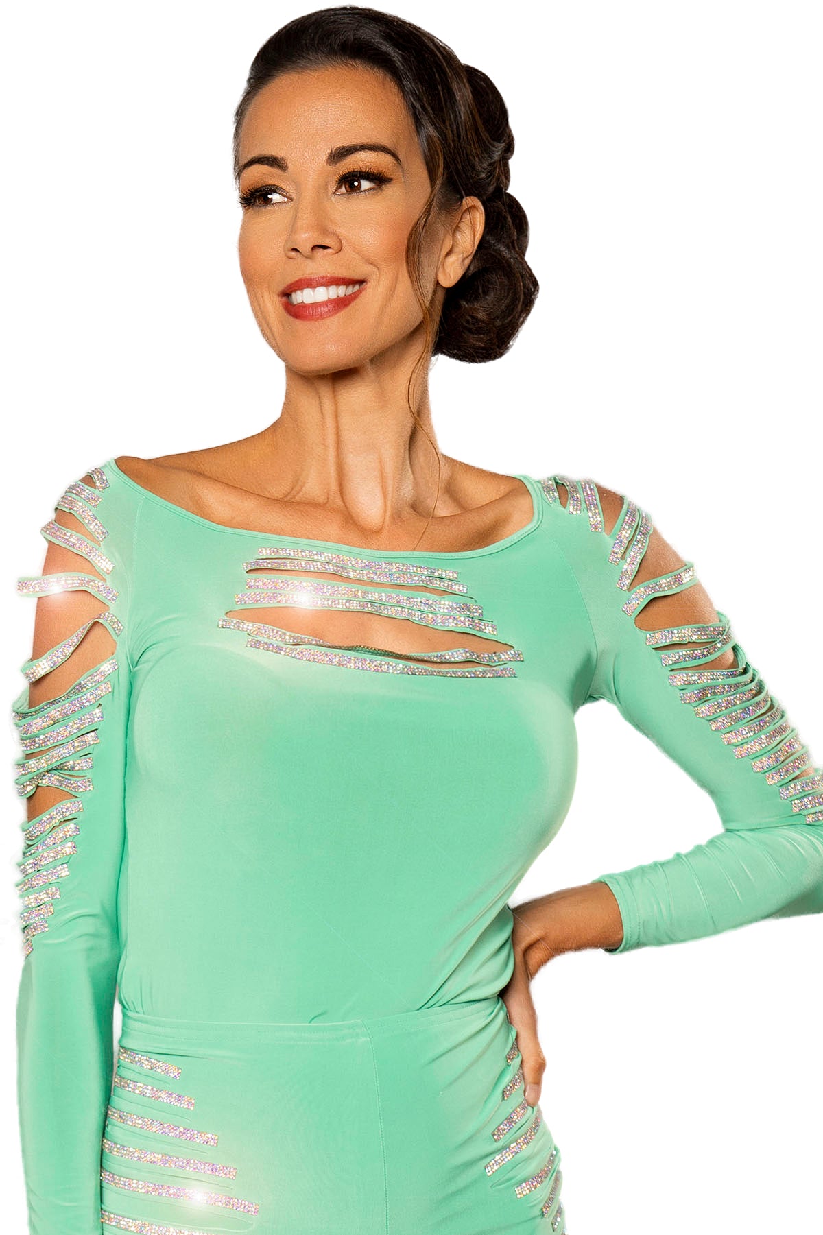 Shine bright on the dance floor with our T215 Horizontal Stoned Stripe Top. This sexy rhinestone cutout top will make you stand out and feel confident while you dance the night away. green