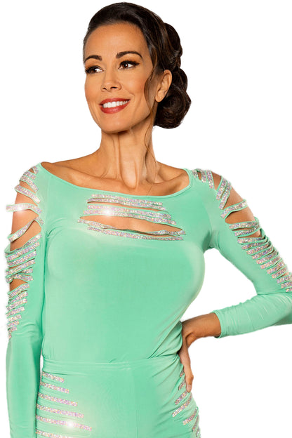 Shine bright on the dance floor with our T215 Horizontal Stoned Stripe Top. This sexy rhinestone cutout top will make you stand out and feel confident while you dance the night away. green