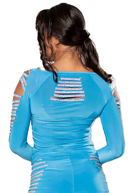 Shine bright on the dance floor with our T215 Horizontal Stoned Stripe Top. This sexy rhinestone cutout top will make you stand out and feel confident while you dance the night away. blue