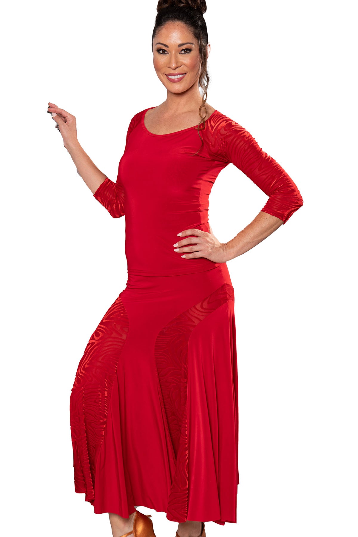 Twirl in style with our S209 Long Velvet Zig Zag Skirt! This playful dance skirt features a unique zig zag pattern made from luxurious velvet. Stay on trend while feeling comfortable and chic. red