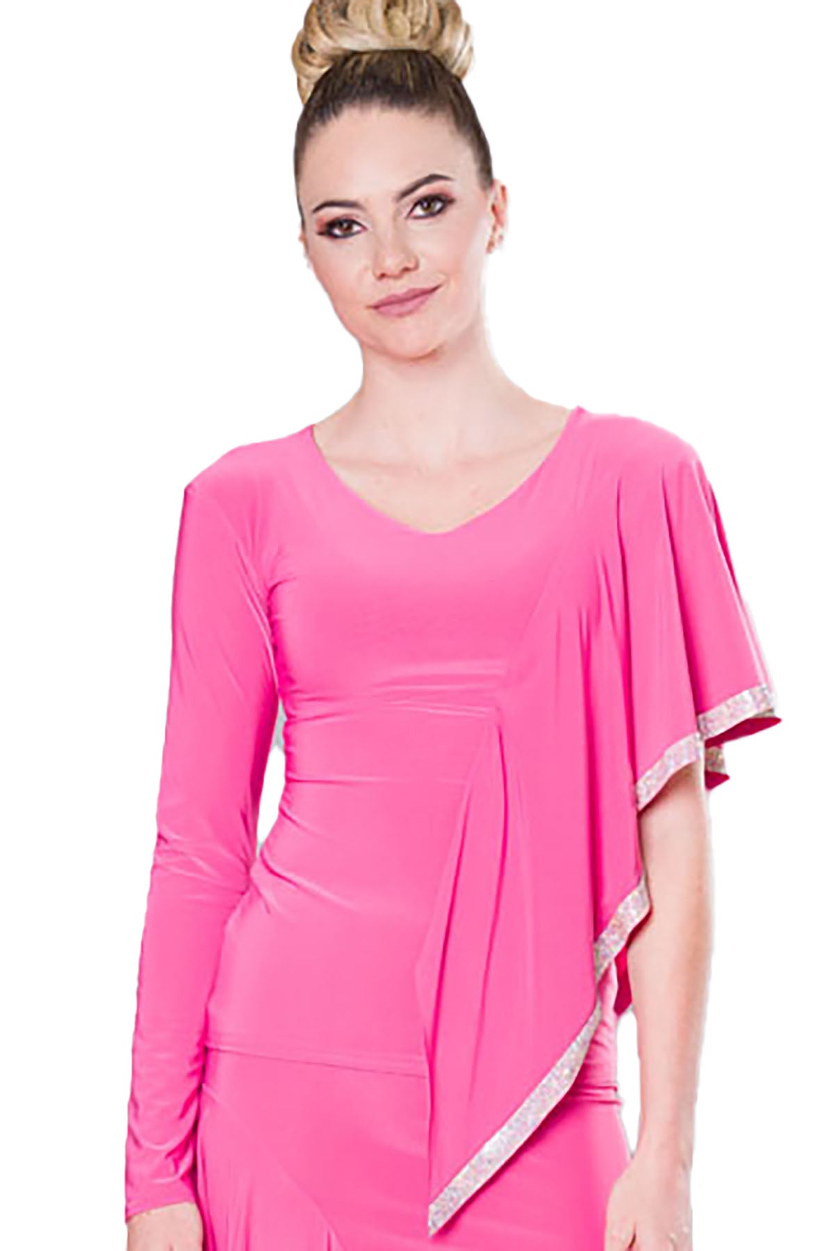 Turn heads with our T219 Asymmetric Rhinestone Top! This stunning top features an eye-catching asymmetric cut and sparkling rhinestone detailing on the float. Make a statement and add a touch of glamour to any outfit. pink