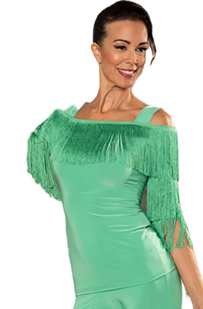 Introducing our T223 Cold Shoulder Fringe Top - a fun and flirty combination of our classic T203 top and fringe detailing. Show off those shoulders and let the fringe add a playful touch to your outfit. green