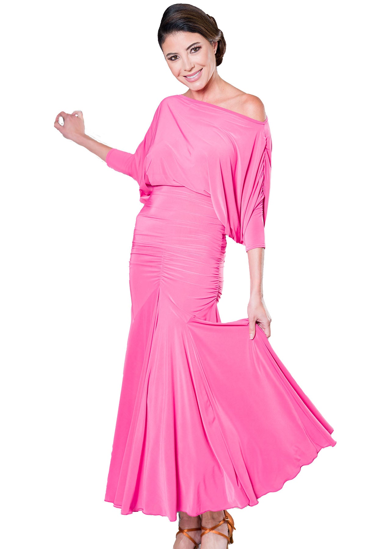 S2401 Long Tulip Skirt  Step onto the dance floor in style with our S2401 Long Tulip Skirt! This best-selling ballroom practice wear skirt features a flattering gathered saddle that looks great on all sizes. And with its double circle fullness, you'll be moving like mad all night long Pink