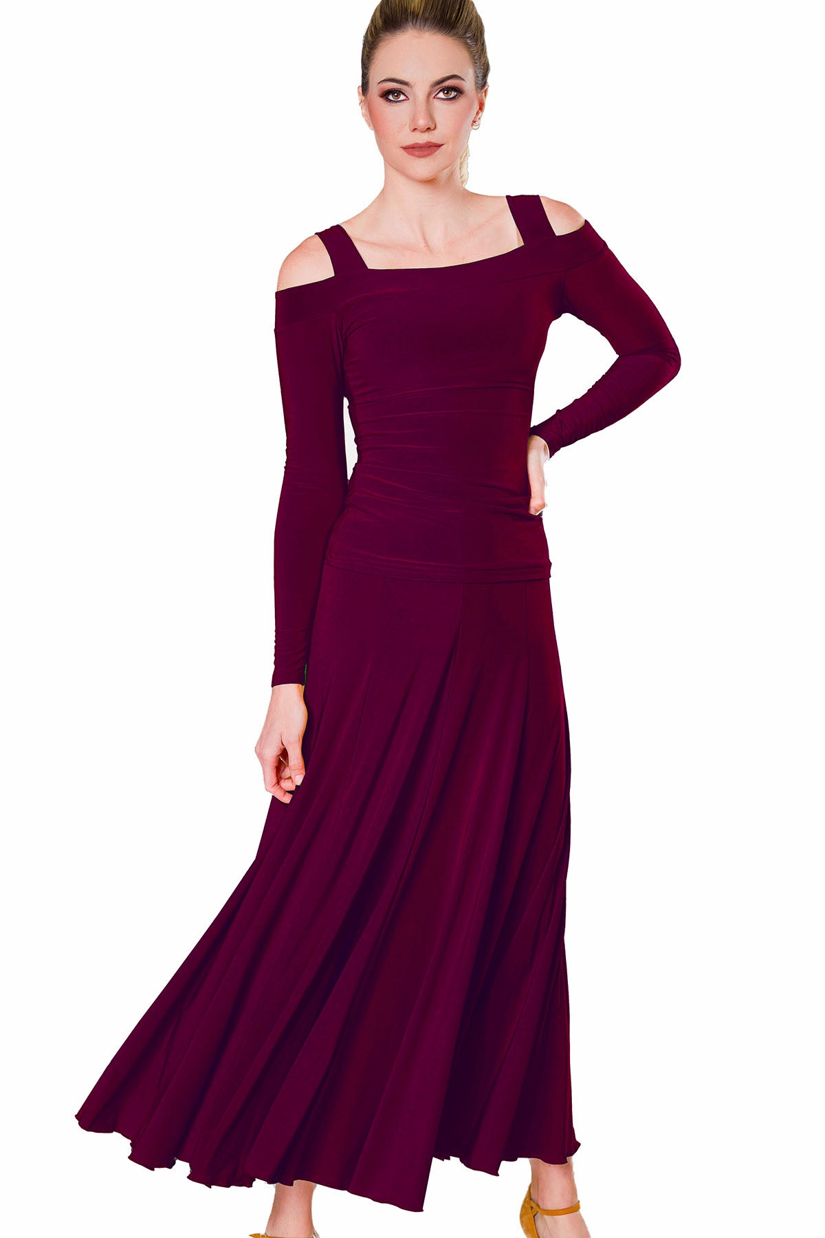 S2405 8 Panel Simple Skirt  Get ready to dance the night away in the S2405 8 Panel Simple Skirt! This perfect long ballroom skirt features 8 panels for maximum movement and flow. With its simple design, it's the perfect addition to any dance outfit. Step onto the dance floor and turn heads in this must-have skirt. Wine