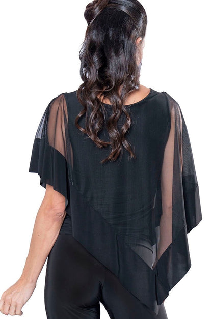 T2412 Diagonal Mesh Caplet Top  Introducing our T2412 Diagonal Mesh Caplet Top, the perfect combination of comfort and elegance. This asymmetric mesh over-layer cape top comes with a tank undershirt, making it not only stylish but also practical for ballroom dancing. Elevate your dance attire with this sophisticated and exclusive piece. black