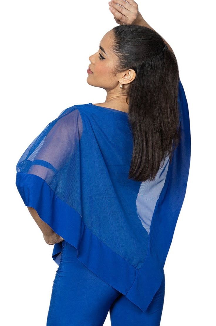 T2412 Diagonal Mesh Caplet Top  Introducing our T2412 Diagonal Mesh Caplet Top, the perfect combination of comfort and elegance. This asymmetric mesh over-layer cape top comes with a tank undershirt, making it not only stylish but also practical for ballroom dancing. Elevate your dance attire with this sophisticated and exclusive piece. blue