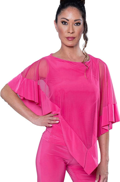 T2412 Diagonal Mesh Caplet Top  Introducing our T2412 Diagonal Mesh Caplet Top, the perfect combination of comfort and elegance. This asymmetric mesh over-layer cape top comes with a tank undershirt, making it not only stylish but also practical for ballroom dancing. Elevate your dance attire with this sophisticated and exclusive piece. pink