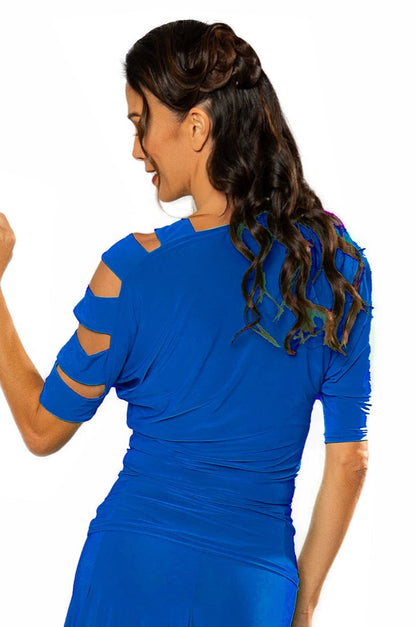 T2413 Asymmetric Sack Top  Indulge in luxury with our T2413 Asymmetric Sack Top. The beautiful detail on one shoulder, featuring five stripes of material, adds a touch of sophistication to this unique piece. Perfect for dancing and making a statement, this top is a must-have for any fashion-forward individual. blue