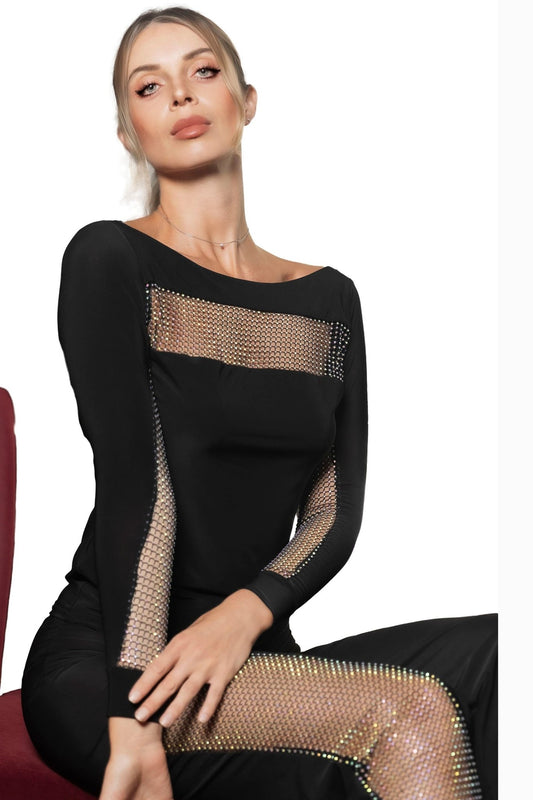 T2450 AB Rhinestone Mesh Stripe Top - Dance America