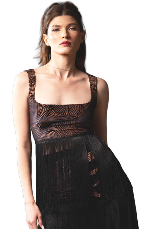 Square Neck Crop Top with long Fringe