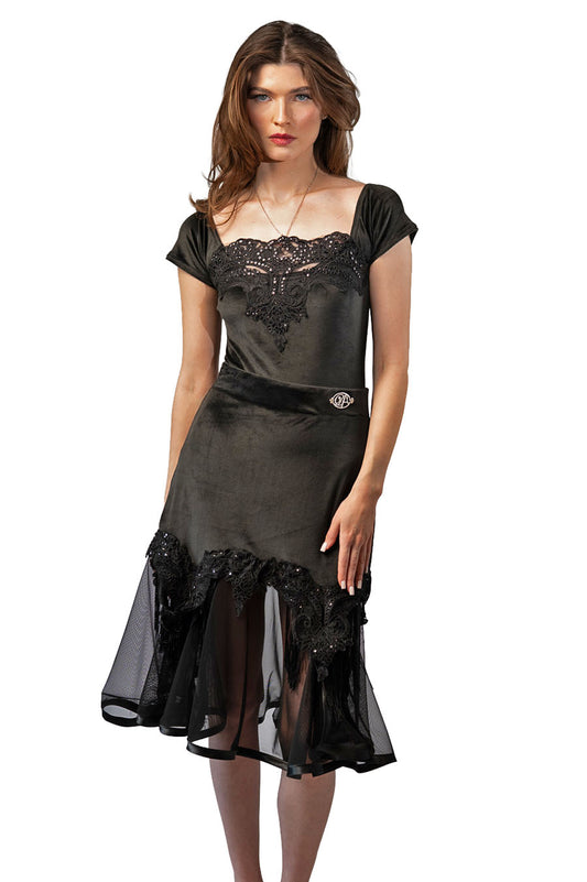 Short Black Velvet Skirt with Mesh and Sequins Decoration