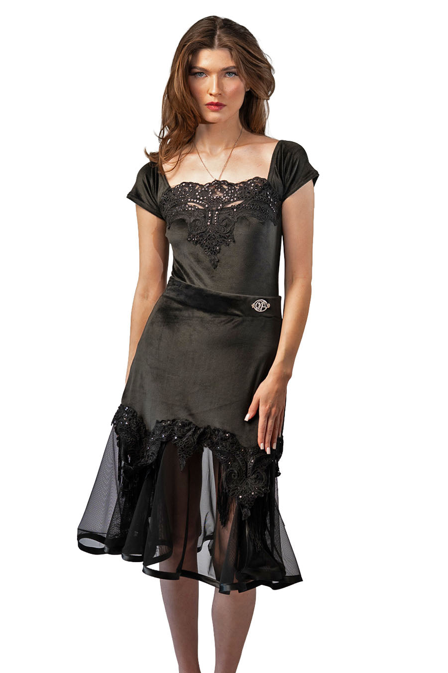 Short Black Velvet Skirt with Mesh and Sequins Decoration