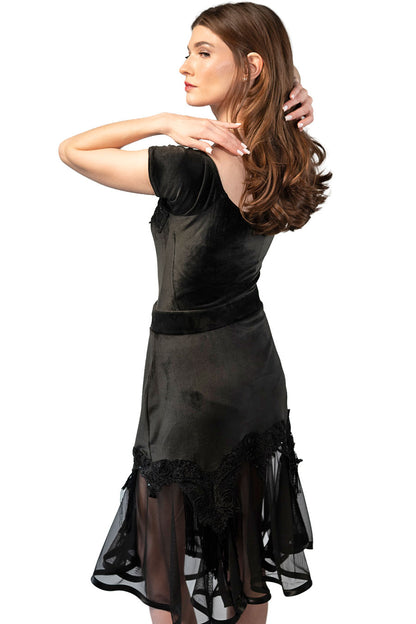 Short Black Velvet Skirt with Mesh and Sequins Decoration pictured from back