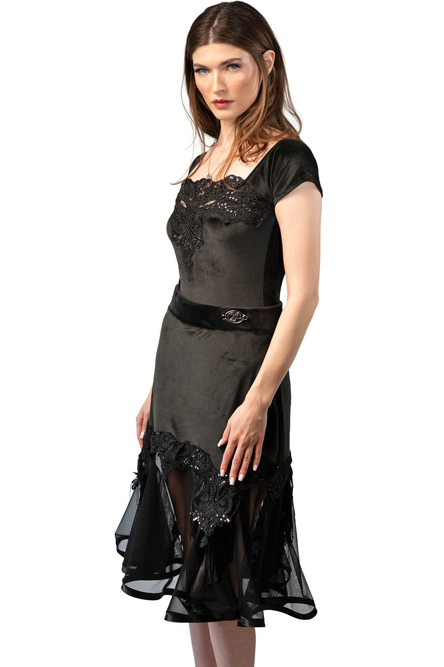 Short Black Velvet Skirt with Mesh and Sequins Decoration