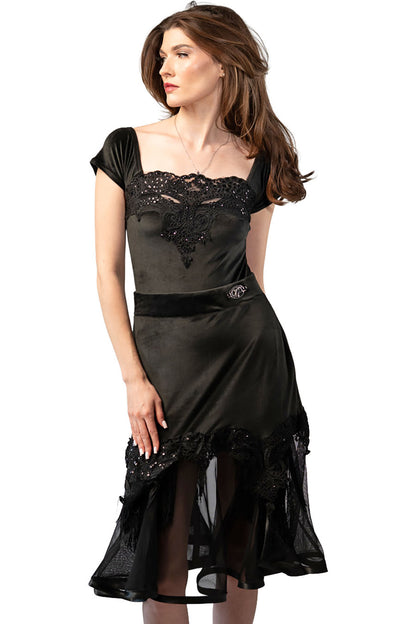 Short Black Velvet Skirt with Mesh and Sequins Decoration