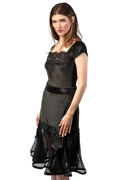 Short Black Velvet Skirt with Mesh and Sequins Decoration