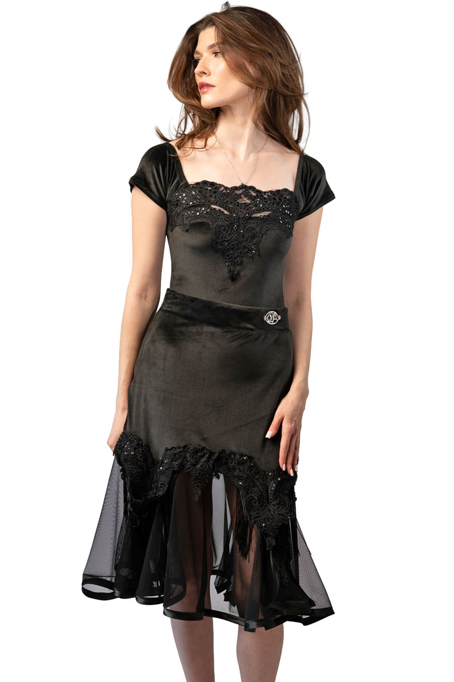 Short Black Velvet Skirt with Mesh and Sequins Decoration