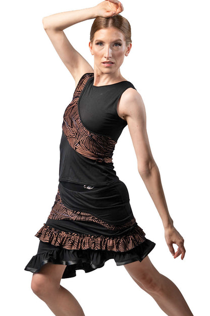 Peek a boo top with diagonal draped signature fabric